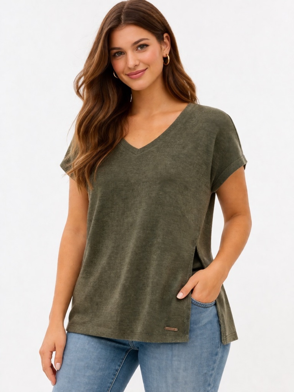 Orvis Women's Olive Green V-Neck Top - Side Slit
Detail, Lightweight & Flowy
